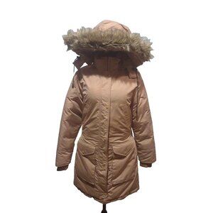 Snozu Down Feather Hooded Puffer Jacket Ski Coat Faux Fur Womens Sz S Tan Brown